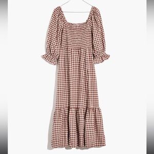 Madewell Lucie Elbow-Sleeve Smocked Midi Dress in Gingham, Brown, XS